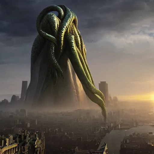 Image similar to cthulhu towering over a city, volumetric lighting, 8 k octane beautifully detailed render, post - processing, extremely hyper - detailed, intricate, epic composition, cinematic lighting, masterpiece, trending on artstation, detailed detailed detailed, masterpiece, stunning art by anders zorn, wonderful masterpiece by greg rutkowski, beautiful cinematic light,