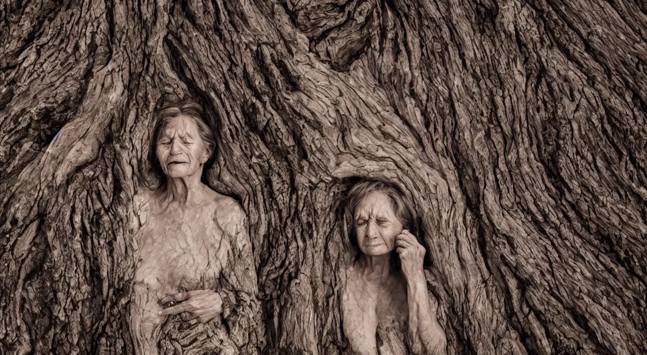 Image similar to close-up of a 65-year-old Gaia, crying emotionless, facing the camera and standing in front of a dried up river in a desolate land, dead trees, blue sky, hot and sunny, highly-detailed, elegant, dramatic lighting, artstation, 4k, cinematic landscape, photograph by Elisabeth Gadd