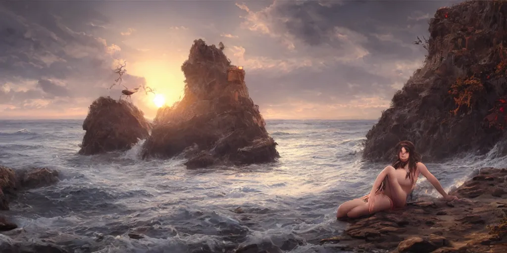 Prompt: ! dream photorealistic long shot of big sun rough sea and jagged rocks, nets, plastic bottles, garbage, sand and sea, golden hour, dark mystical goddess wearing a qipao, cheongsam, environmental, fantasy, atmospheric, hyper realistic, artstation, art by artgerm, andres rodriguez and john william waterhouse