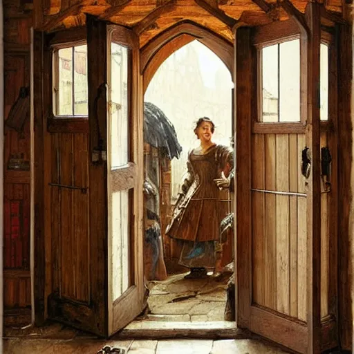 Image similar to an oak door in a medieval building with a terrible secret behind it by stanley artgerm lau, greg rutkowski, thomas kindkade, alphonse mucha, loish, norman rockwell.
