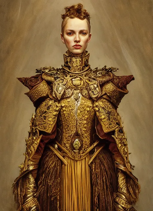 Image similar to highly detailed oil painting | very intricate | cinematic lighting | award - winning | ceremonial blazer armor fashion by alexander mcqueen | by roberto ferri, by tom bagshaw, by j. c. leyendecker and klimt, american romanticism, by austin osman spare, artstation, cgsociety, official art, octane