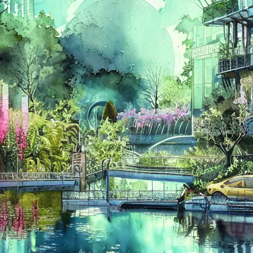 Image similar to Beautiful happy picturesque charming sci-fi city in harmony with nature. Beautiful light. Water and plants. Nice colour scheme, soft warm colour. Beautiful detailed watercolor by Lurid. (2022)