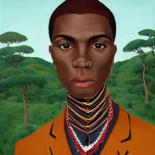 Prompt: a professionally painted african male model , clothed in ancient suit, dark skin, red gold hair, beautiful bone structure, symmetrical features, stunningly beautiful, intricate, elegant, digital painting, smooth, sharp focus, illustration, made by Kehinde Wiley, Kara Walker, Jacob Lawrence, Sam Gilliam, Edmonia Lewis, in a open green field