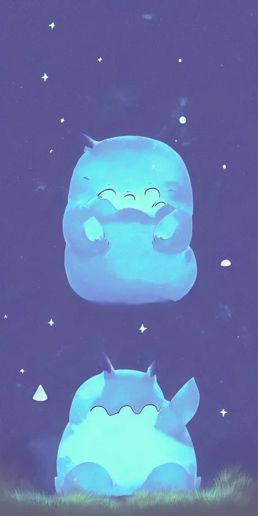 Image similar to glowing snorlax totoro, mountain landscape, night sky, digital art, digital painting, celestial, majestic, colorful