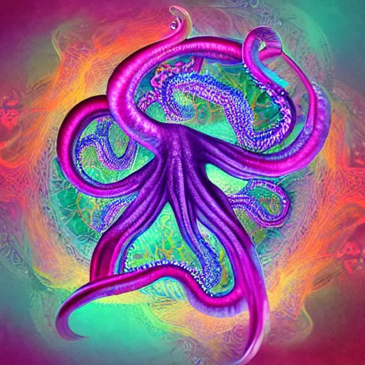 Image similar to a dramatic and beautiful digital matte painting of large iridescent octopus with legs made of fractal celtic knots, trending on cgartist, hi-fructose, mandala, string wall art, ultra detailed 8k