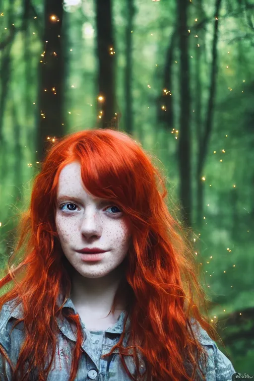 Image similar to close-up portrait of a red-haired girl 20 years old with freckles, green eyes, natural beauty in a magical gloomy forest among fireflies, 35mm photo, high quality, 4K, 8K, realistic, perfect eyes, perfect face, beautiful, detailed, 8k resolution, Kodak 35mm