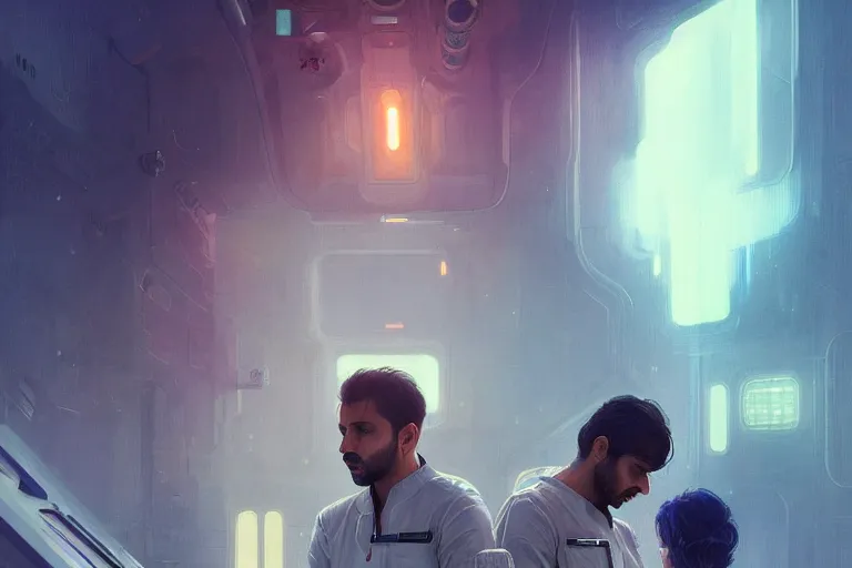 Prompt: Sensual good looking pale young Indian doctors wearing Blade Runner 2049 clothing in a space station above Earth, portrait, elegant, intricate, digital painting, artstation, concept art, smooth, sharp focus, illustration, art by artgerm and greg rutkowski and alphonse mucha