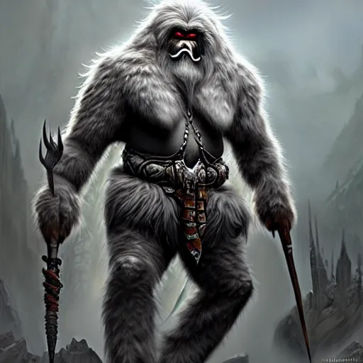 Prompt: d & d concept art matte painting yeti warrior in the style of stefan kostic, realistic, sharp focus, 8 k high definition, insanely detailed, intricate, mysterious, art by stanley lau and artgerm and luis royo