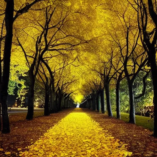 Image similar to Autumn night, Full moon,, path surrounded by trees with yellow leafs, beautiful