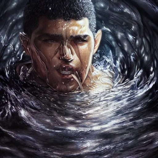 Image similar to photorealistic shockingly amazing portrait of guts from berserk submerged in water ,extremely detailed, made by wlop and maxwell boas