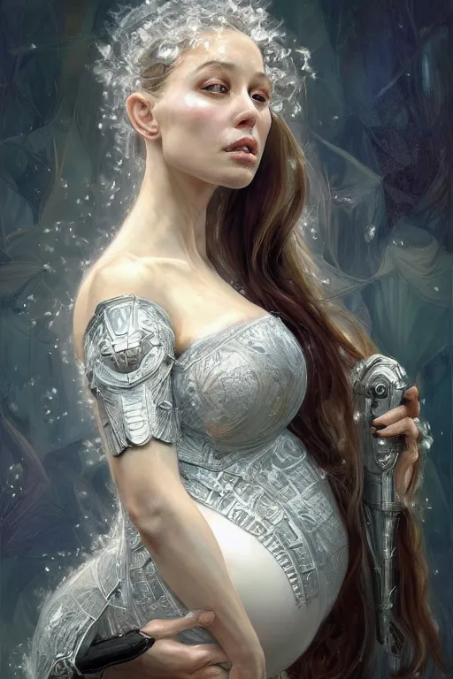 Prompt: ** professional portrait of pregnant peacefull cryogenic female dynamic pose , armor elements , long dark hair, beautiful bone structure, symmetrical facial features, intricate, elegant, digital painting, concept art, smooth, sharp focus, illustration, by Ruan Jia and Mandy Jurgens , and mucha, and Artgerm and William-Adolphe Bouguerea