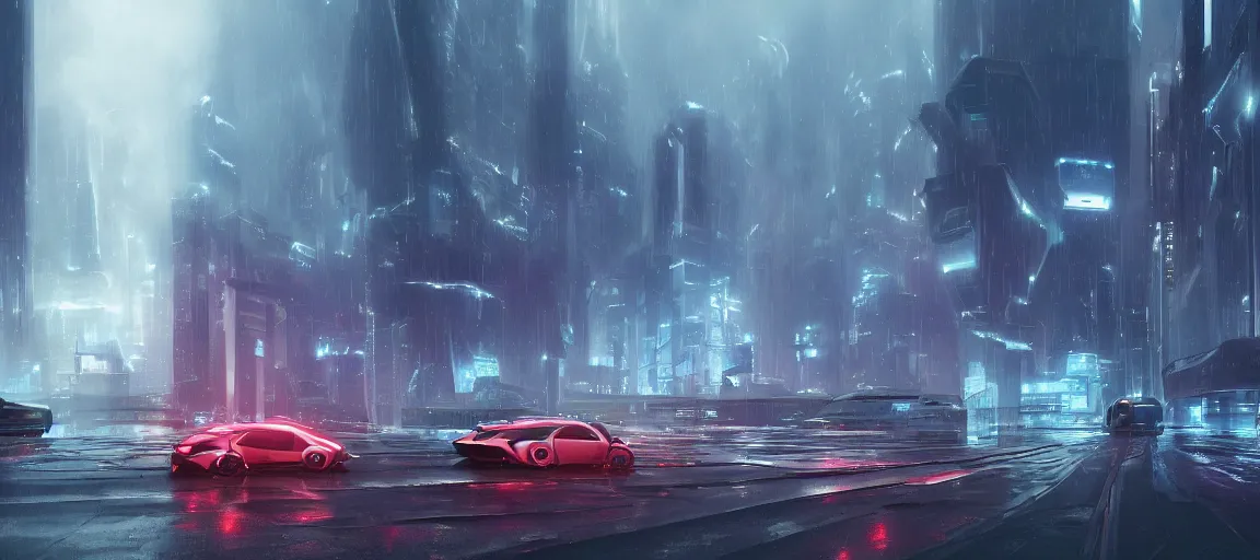 Prompt: futuristic city landscape with cars, concept art, wide angle, hyper realistic, artstation, moody, rainy, 4 k, volumetric lighting,