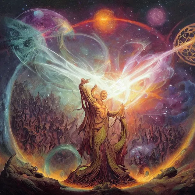 Image similar to a circle of druids conjuring the cosmos into existence by greg rutkowski and frank frazetta and peter mohrbacher and william blake and dan mumford