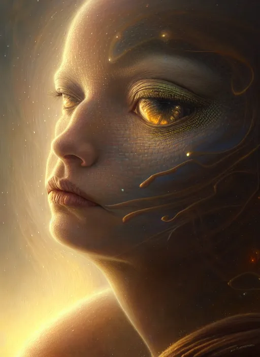 Image similar to closeup portrait shot of a cosmic meditation in a scenic dystopian environment, intricate, elegant, highly detailed, centered, digital painting, artstation, concept art, smooth, sharp focus, illustration, artgerm, tomasz alen kopera, peter mohrbacher, donato giancola, joseph christian leyendecker, wlop, boris vallejo