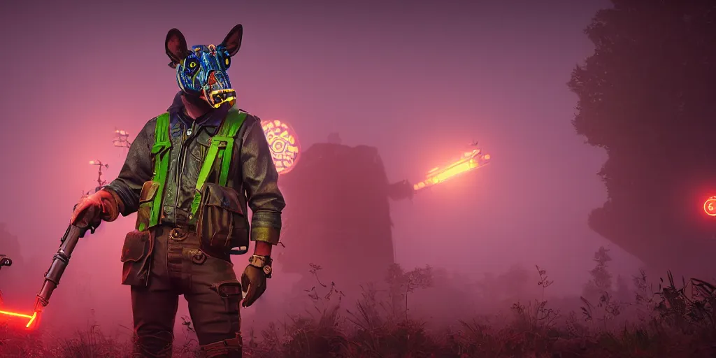 Image similar to gamekeeper wearing a steampunk and neonpunk mechanical fluorescent mystical animal mask in strange misty estuary landscape, night, realism in style of fornite game, 4 k, octane render, award winning photograph, epic cinematic shot, perfectly defined features, ambient occlusion