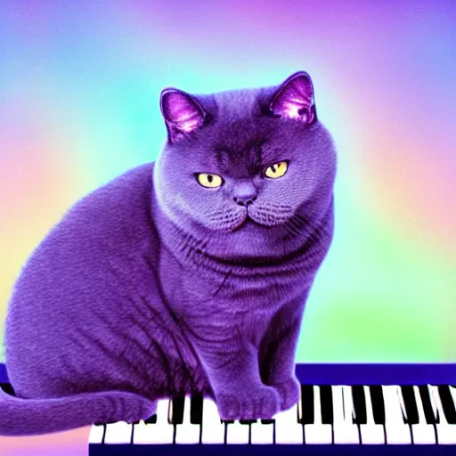 Image similar to portrait of a grey british shorthair cat sitting on wavy piano keyboard with musical notes in the background detailed colorful blue purple cyan luminescent airbrush oil painting in 4 k