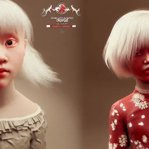 Image similar to 1900s beautiful albino Asian girl kid , unreal engine octane, red and white, portrait, gliter, depth of field, 8k, hyper detailed, tending on artstation