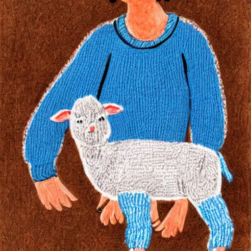 Prompt: a lamb with a blue knitted sweater hugging his mom, children's book drawing