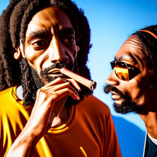 Prompt: ultra mega super hyper realistic Full lenght view photography of highly detailed cybertronic detailed face Jesus smoking weed with Snoop Dogg . Photo on Leica Q2 Camera lens angle 200mm, Rendered in VRAY and DaVinci Resolve and MAXWELL and LUMION 3D, Volumetric natural light