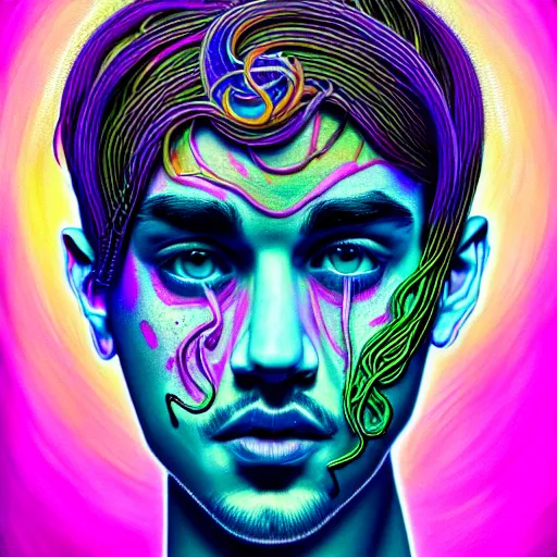 Image similar to an extremely psychedelic portrait of jusyin bieber as medusa, surreal, lsd, face, detailed, intricate, elegant, lithe, highly detailed, digital painting, artstation, concept art, smooth, sharp focus, illustration