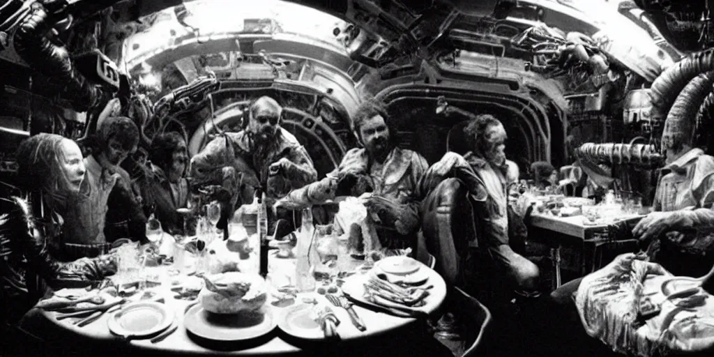 Prompt: a dinner scene within the Nostromo by Ridley Scott, Alien movie, grainy, bluish and cream tones