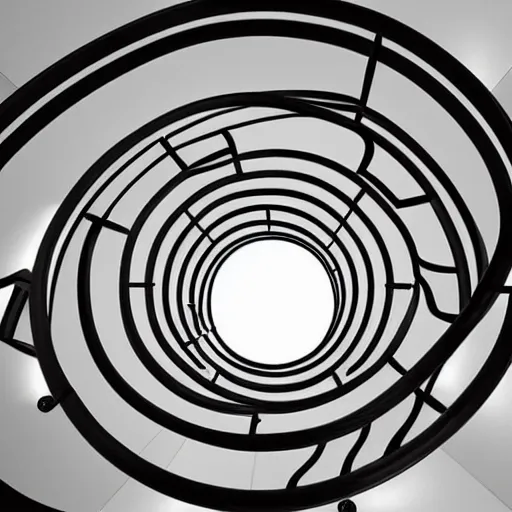 Prompt: looking down an infinite symmetrical spiral staircase of cement and metal, hyper realistic, cgsociety