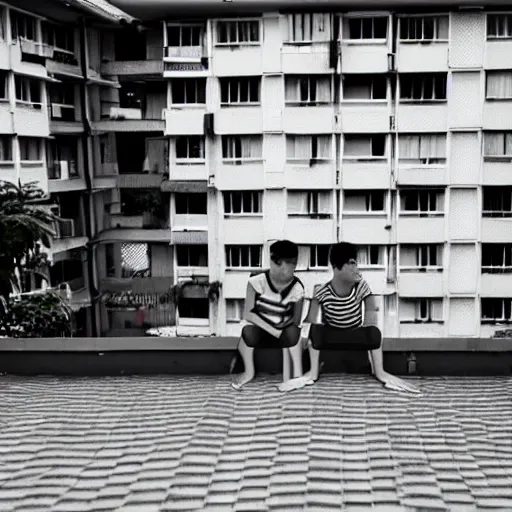 Image similar to solemn photo of two singaporean students sitting on the roof of a hdb flat, black and white, award winning, composition