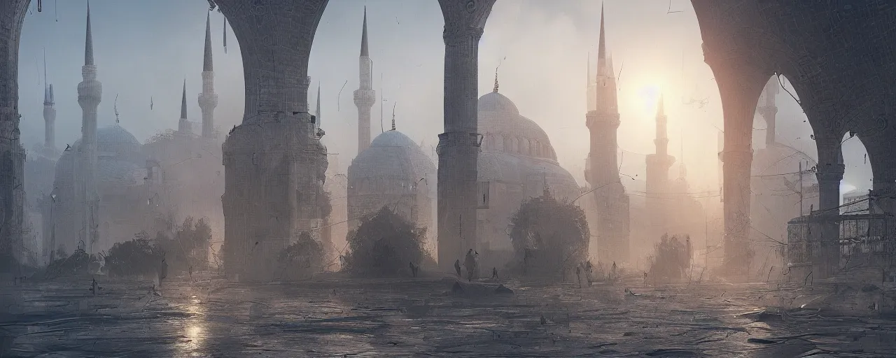 Image similar to dystopian techno - organic istanbul, minarets, qubbas, artstation, 4 k, greg rutkowski, matte painting, concept art