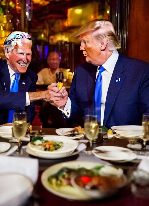 Image similar to Trump and Biden having dinner at a fancy Balinese restaurant, award winning photography, sigma 85mm Lens F/1.4, blurred background, perfect faces