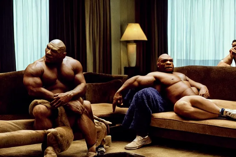 Prompt: a giant toad sitting with mike tyson in a large clean hotel room, on a couch, movie directed by martin scorsese and christopher nolan, masterpiece, 8 h