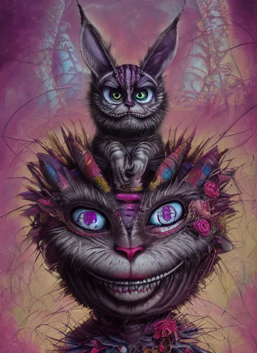 Image similar to cheshire cat, aztec god, highly detailed, cinematic, 8 k, by megan duncanson, benjamin lacombe, adrian borda, stanley artgermm, tom bagshaw, craig mullins, carne griffiths, ayami kojima, beksinski, giger, trending on deviantart, hyper detailed, horror, full of colour