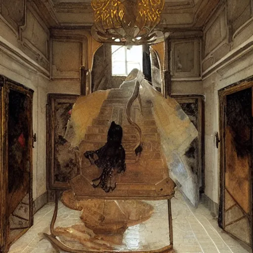 Image similar to Entry hall of an old scary villa, furniture falling apart, oil painting, by Fernanda Suarez and Edgar Maxence and greg rutkowski