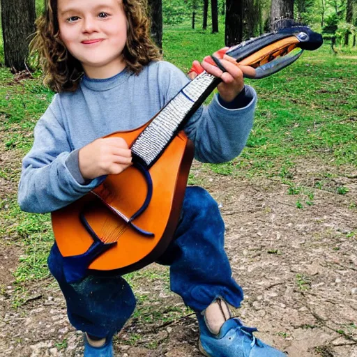 Image similar to a photo of a boy with long hair playing mandolin in the wilderness