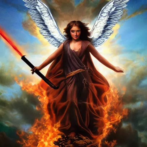 Prompt: propaganda piece featuring an angel holding a flaming sword, flying in the sky, health, strength, confidence, hyper - realistic