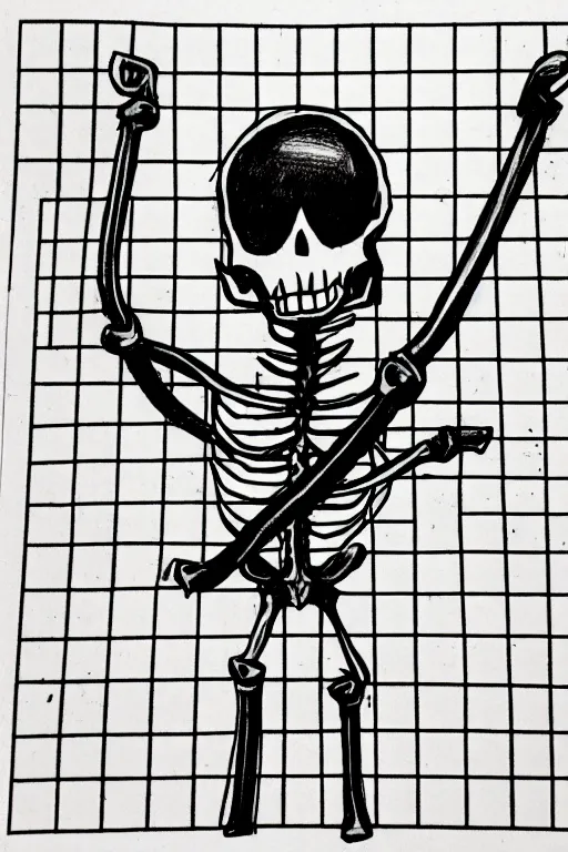 Prompt: silly drawing of a half life skeleton with a crowbar and gordon freeman hair on lined notebook paper