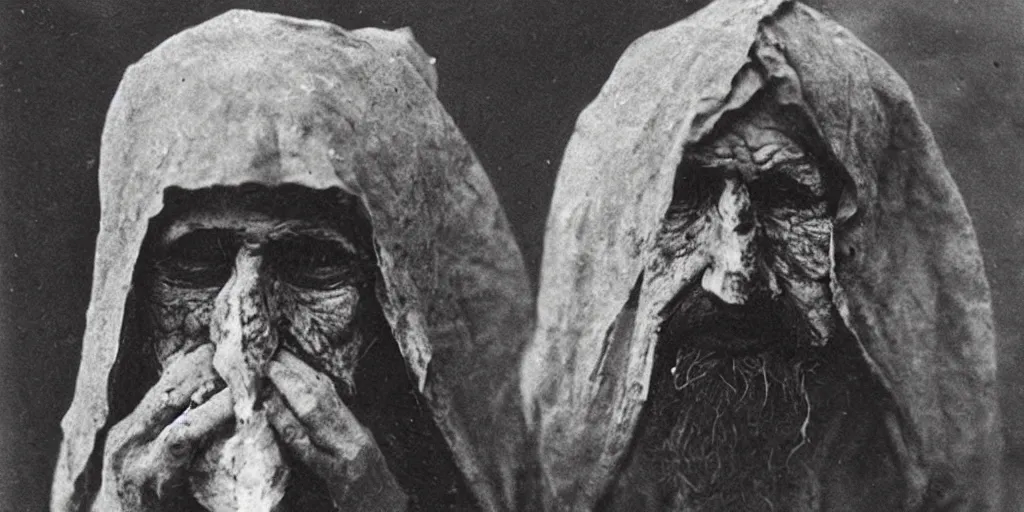 Prompt: hermit wearing a scary painted mask, 1900s picture