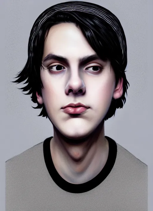 Image similar to portrait of teenage jughead jones wearing a light grey crown, photorealistic, crown, sweater with letter s on it, hamburger, eyes closed, crown, black hair, intricate, elegant, glowing lights, highly detailed, digital painting, artstation, concept art, smooth, sharp focus, illustration, art by wlop, mars ravelo and greg rutkowski