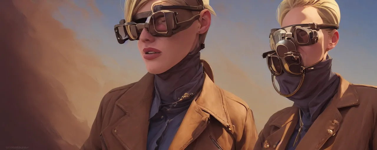 Image similar to stoic heroic emotionless butch blonde woman aviator with short slicked - back hair, wearing dark - lensed victorian goggles, wearing brown leather jacket, moebius, rough paper, behance hd by jesper ejsing, by rhads, makoto shinkai and lois van baarle, ilya kuvshinov, rossdraws global illumination.