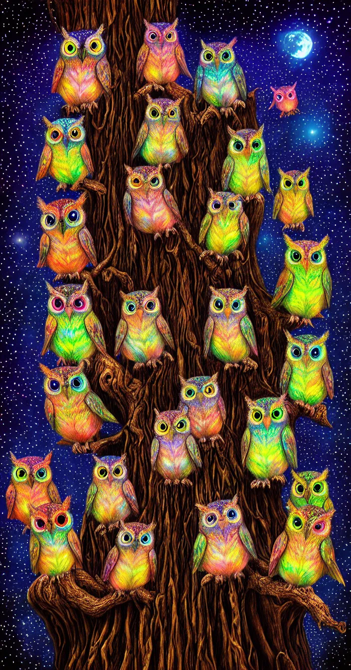 Prompt: realistic photo of too many small psychedelic owls sitting on big tree at night, very sharp focus, dark background, very hyper realistic, highly detailed, fantasy art station