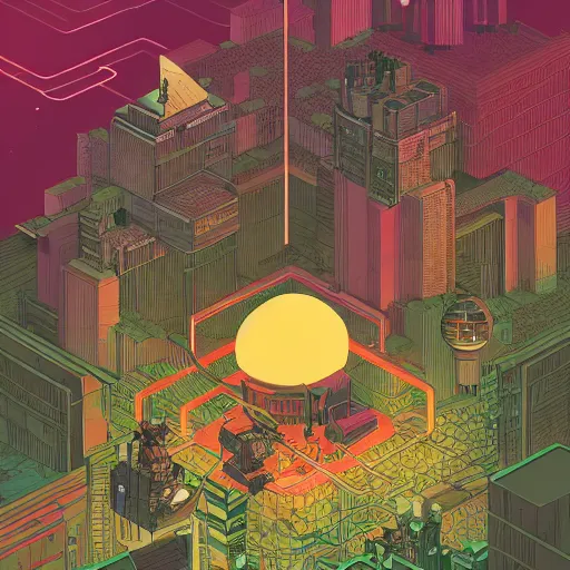 Image similar to Stunning isometric illustration of single cyberpunk explorer overlooking lush forest , highly detailed, midnight, small glowing orbs by Victo Ngai and James Gilleard , Moebius, Laurie Greasley