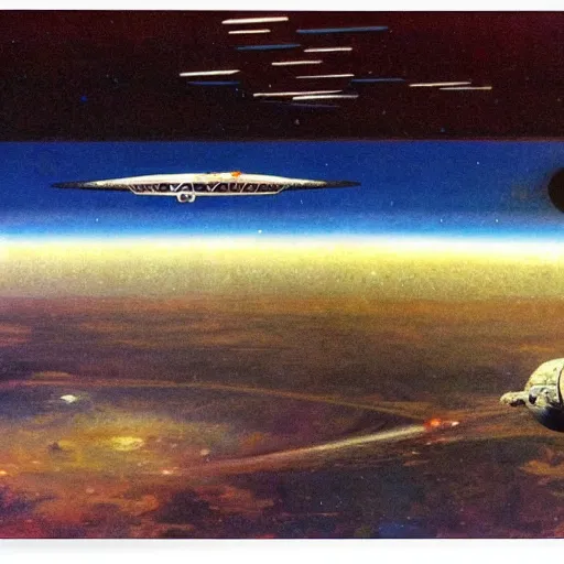 Prompt: distant view of abandoned beautiful space station floating in empty space, robert mccall