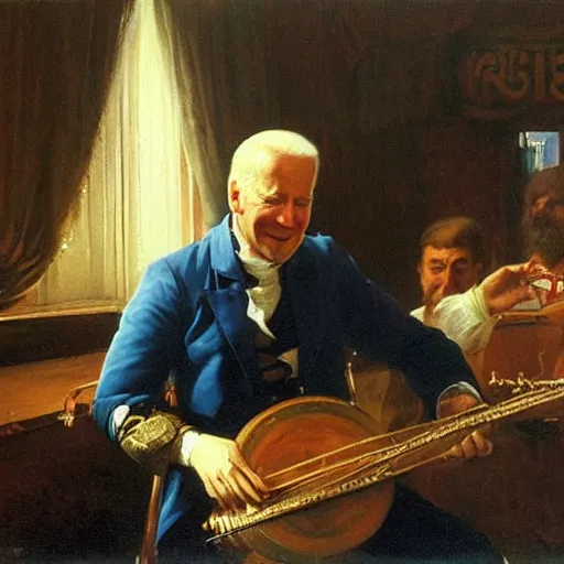 Prompt: Oil painting of Joe Biden playing the Hurdy Gurdy at a fantasy tavern, by ivan shishkin and aivazovsky
