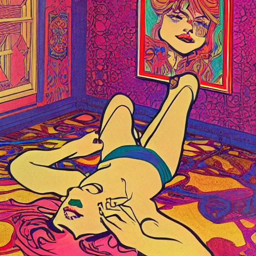 Image similar to rocker goth teen girl laying on the floor, writing on journal. 1970s colorful psychedelic bedroom. Trippy. Moscoso. Mucha.