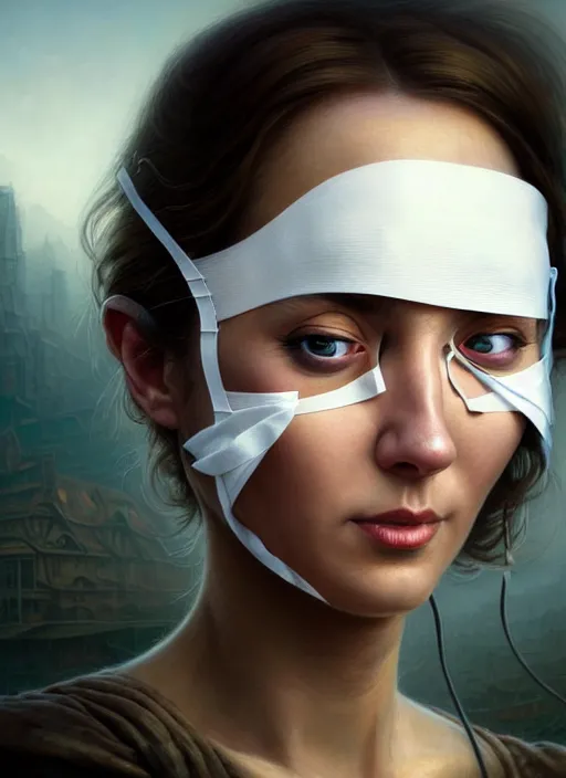 Prompt: closeup portrait shot of a nurse with bandages over eyes in a scenic dystopian environment, intricate, elegant, highly detailed, centered, digital painting, artstation, concept art, smooth, sharp focus, illustration, artgerm, tomasz alen kopera, peter mohrbacher, donato giancola, joseph christian leyendecker, wlop, boris vallejo