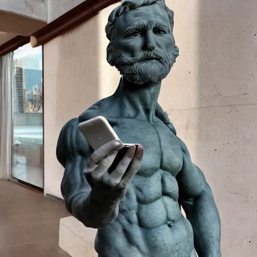 Image similar to marble sculpture of a man holding a phone to take a selfie