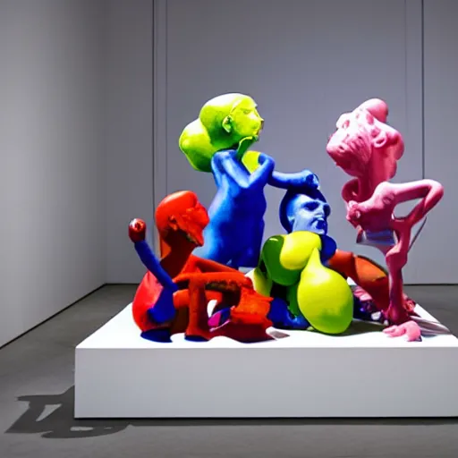 Image similar to a claymation film still of a contemporary sculpture / collection / contemporary art / gallery / museum / claymation by jeff koons and bruce bickford