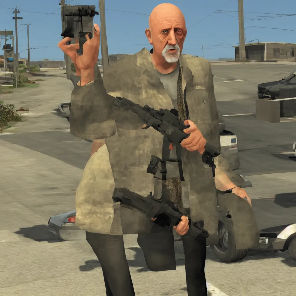 Prompt: Mike Ehrmantraut in Los Santos, screenshot from the PS2 version of GTA San Andreas, orange sky