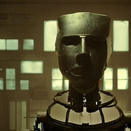 Image similar to movie scene of a man with a robot head, movie still, cinematic composition, cinematic lightning, Movie by David Lynch and Andrzej Żuławski