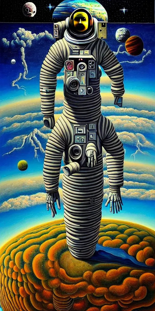 Prompt: a high detailed painting with many textures and of a headless astronaut with a quantum transcendence to the next plane, surrealism, magical realism bizarre art high image quality