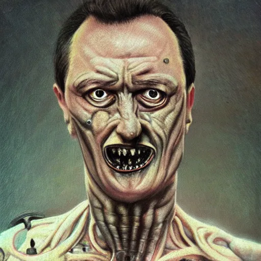 Image similar to Portrait by H.R.Giger of Igor Ivanovich Strelkov very degraded Abomination, photo-realistic, 2K, highly detailed, bodyhorror